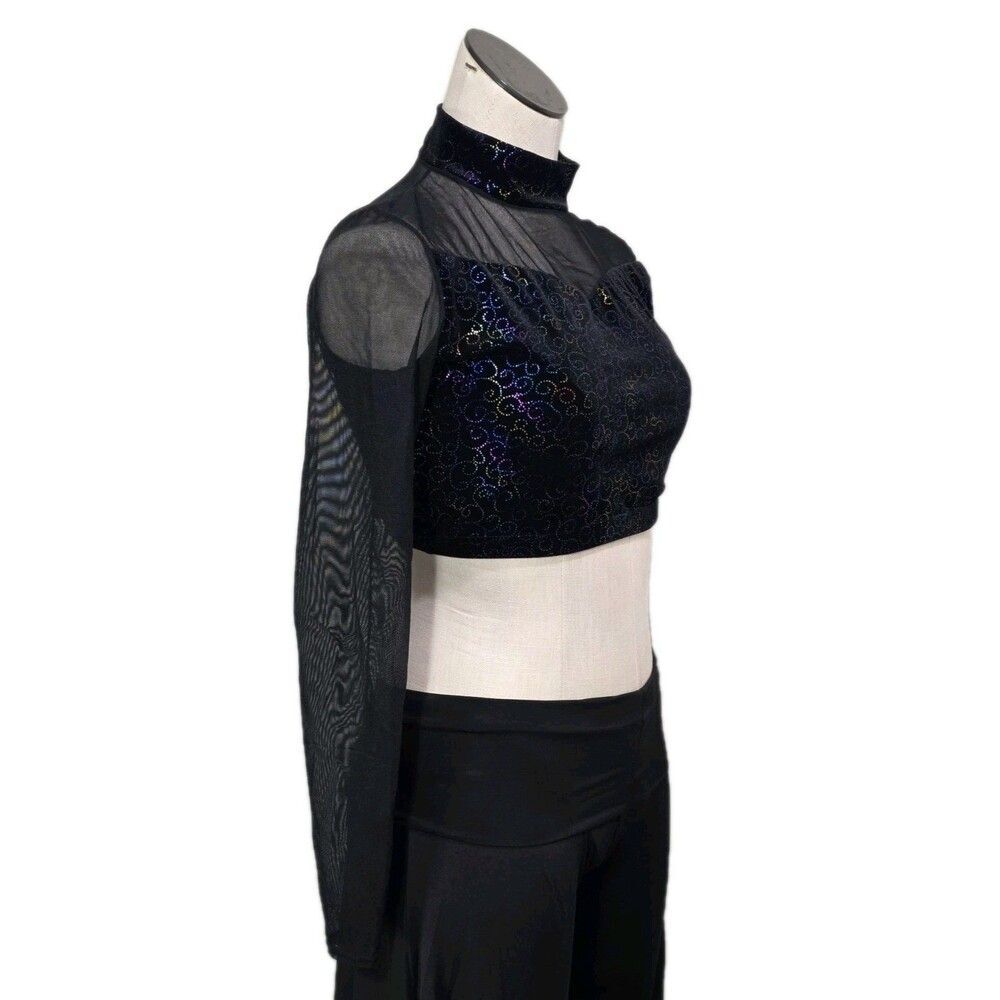 Body Wrappers VTG Mesh Velvet LS Mock Neck Dance Midriff Bling Top Size Adult L - Picture 6 of 16